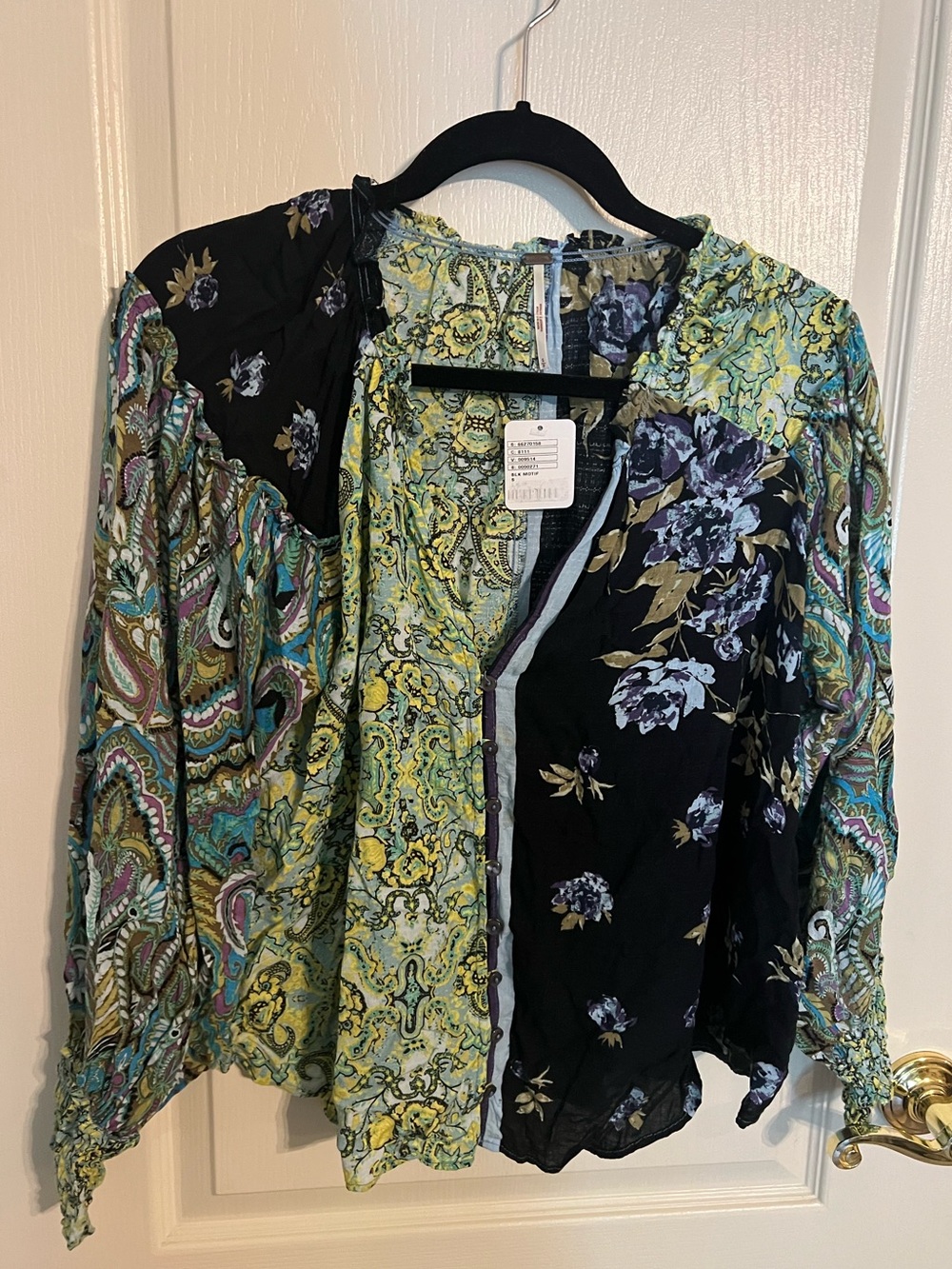 Free People Floral Long Sleeve Top In Black Motif NWT Size S